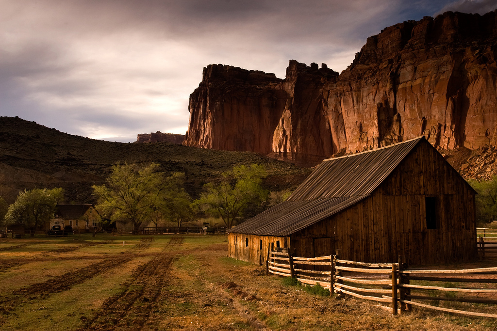 Rustic barn in canyon landscape