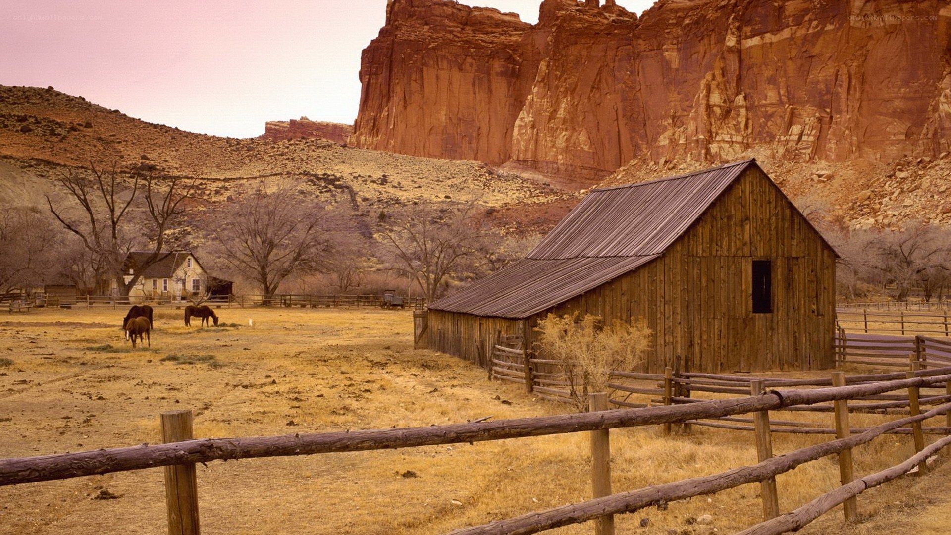 Rustic barn in desert canyon