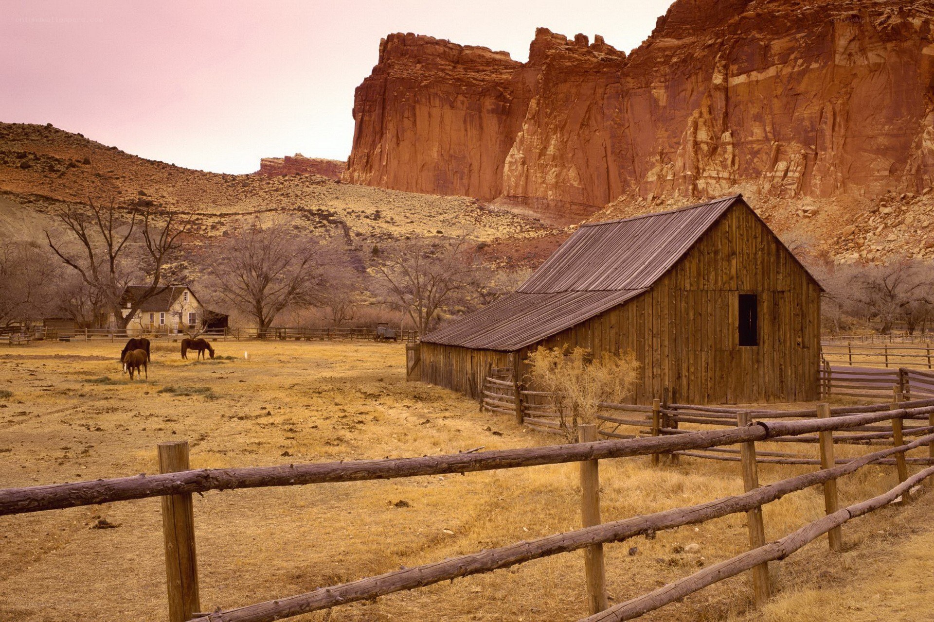 Rustic barn in desert valley