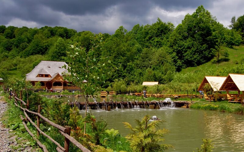 Rustic cabin by a pond