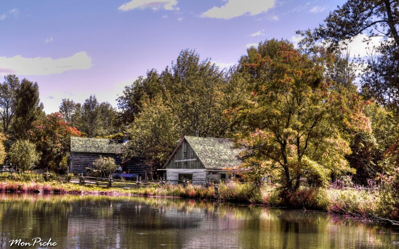 Rustic cabins by a lake