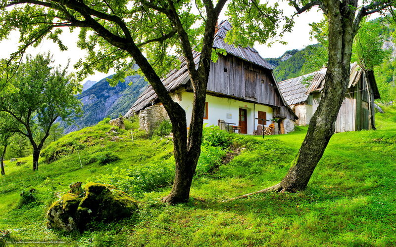 Rustic cottage in mountain valley