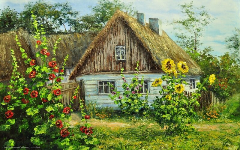 Rustic cottage with sunflowers