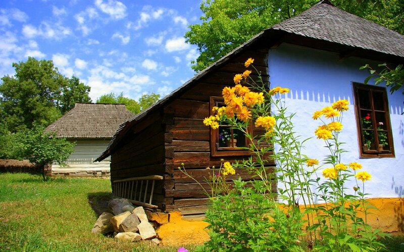Rustic cottage with yellow flowers