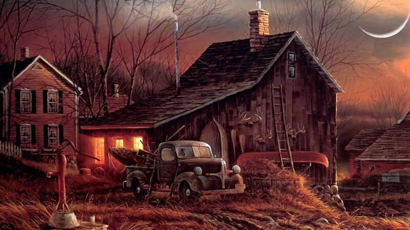 Rustic farm at dusk