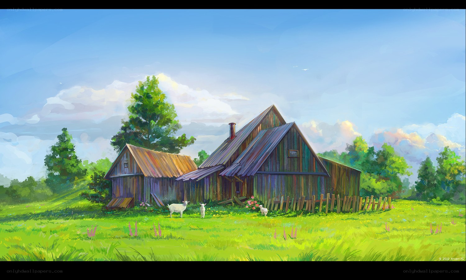 Rustic farm in a sunny field