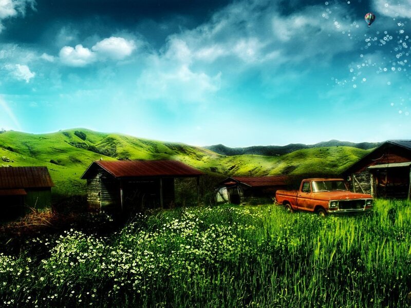Rustic farm with hot air balloon