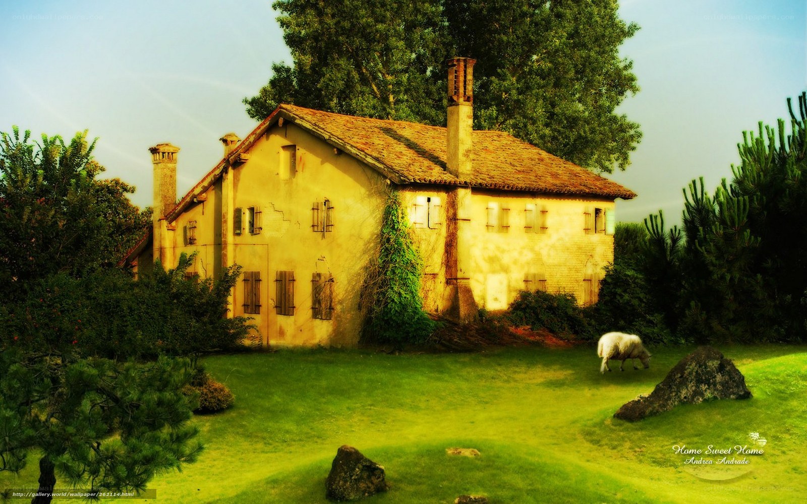 Rustic farmhouse with grazing sheep
