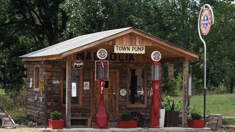 Rustic gas station with vintage pumps