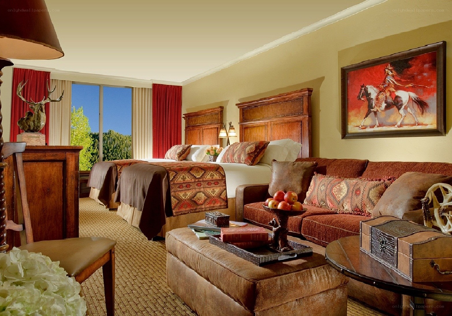Rustic hotel room with two beds