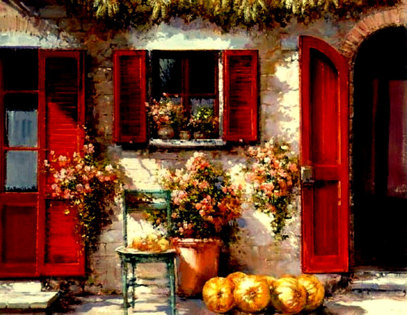 Rustic house with red shutters