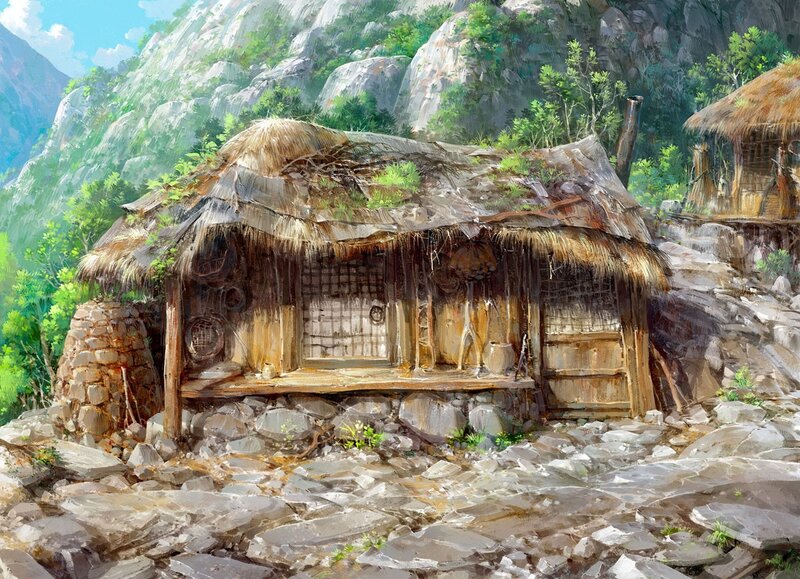 Rustic hut in mountain valley
