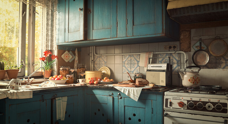 Rustic Kitchen Interior — Blue