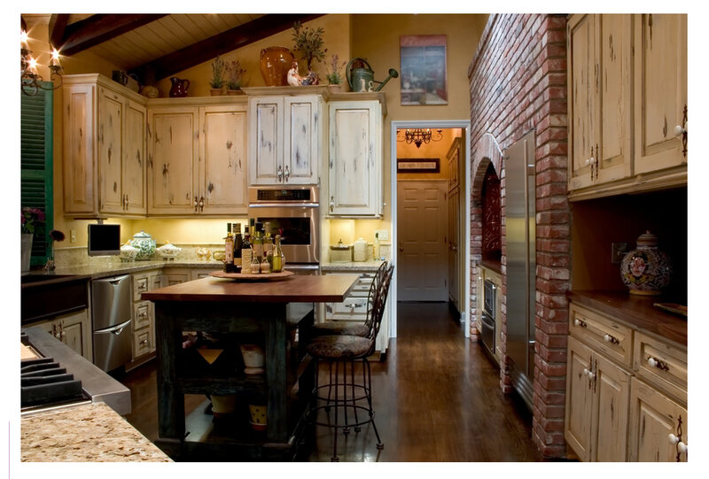rustic kitchen with brick wall