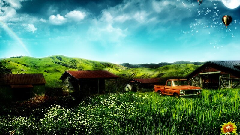 Rustic landscape with old truck
