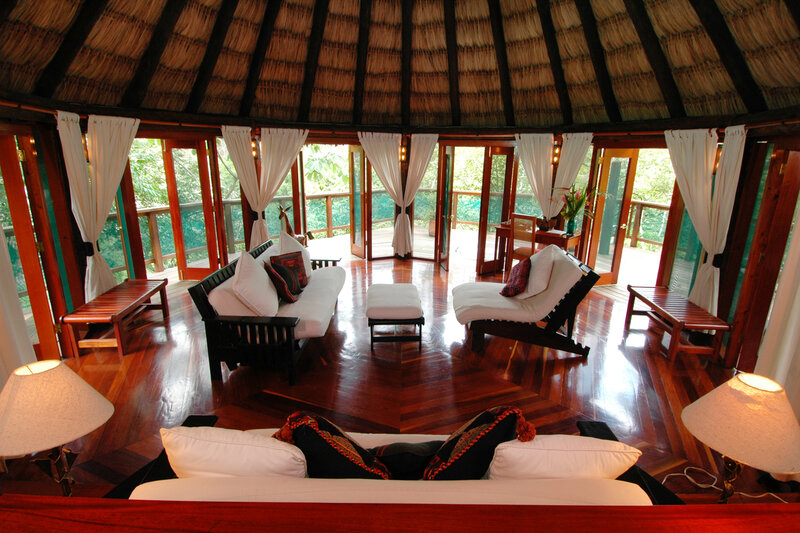 Rustic living room with thatched roof