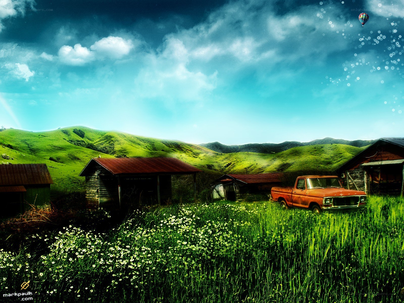 Rustic pickup in green valley