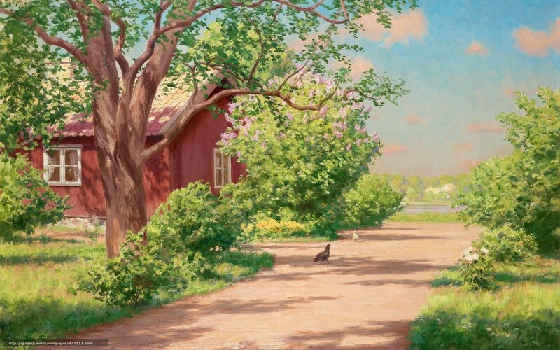Rustic red house by a tree