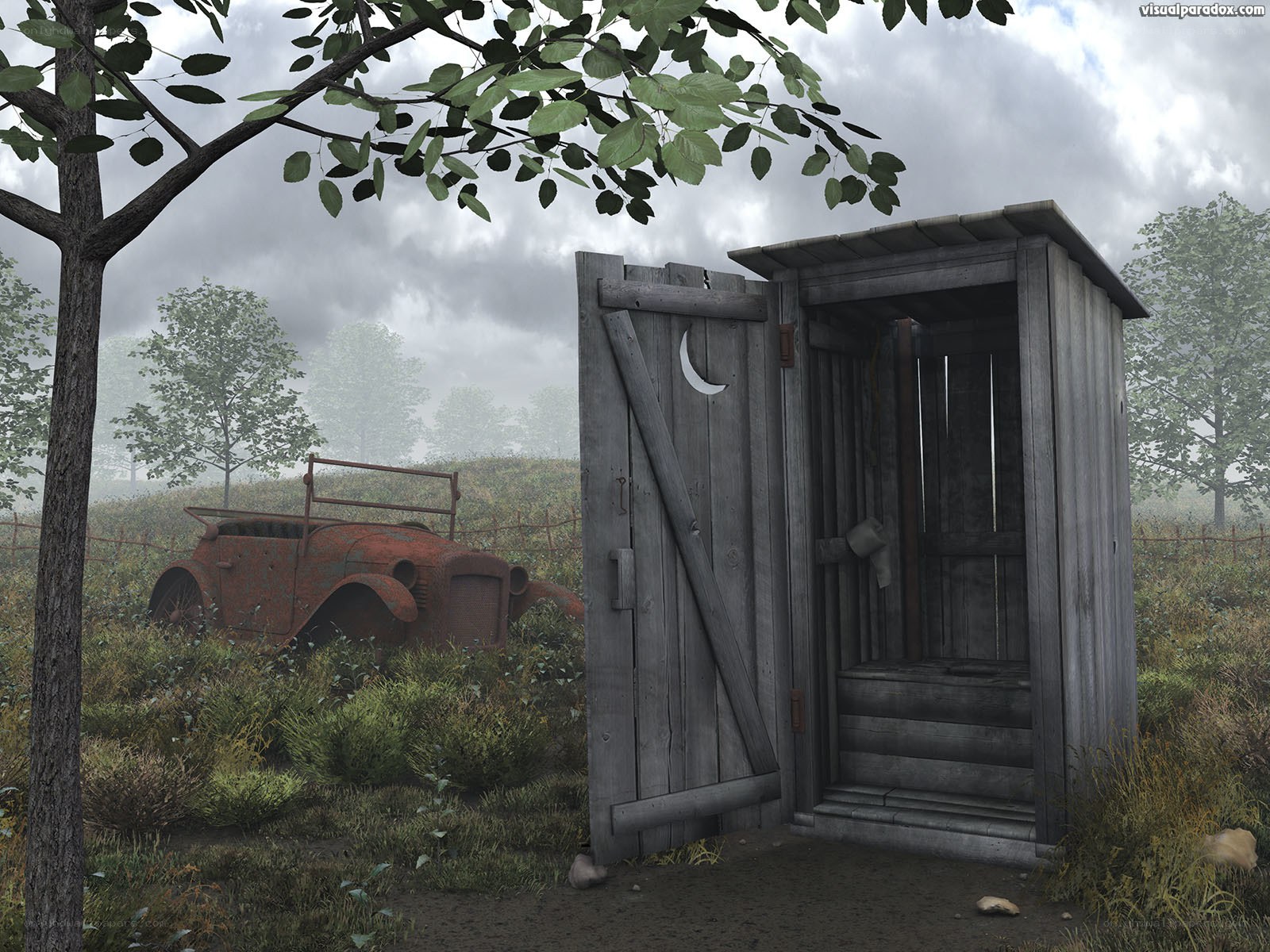Rustic shed in foggy field