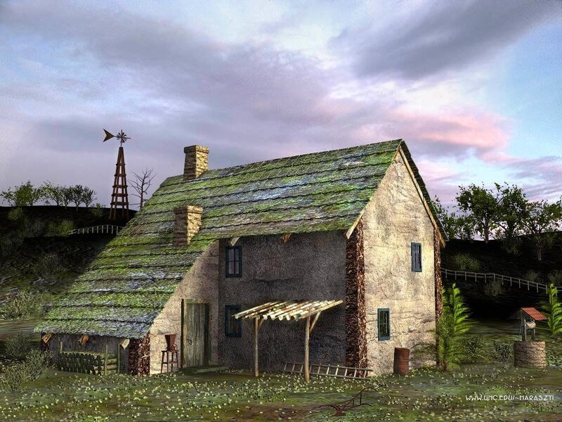 Rustic stone cottage with windmill