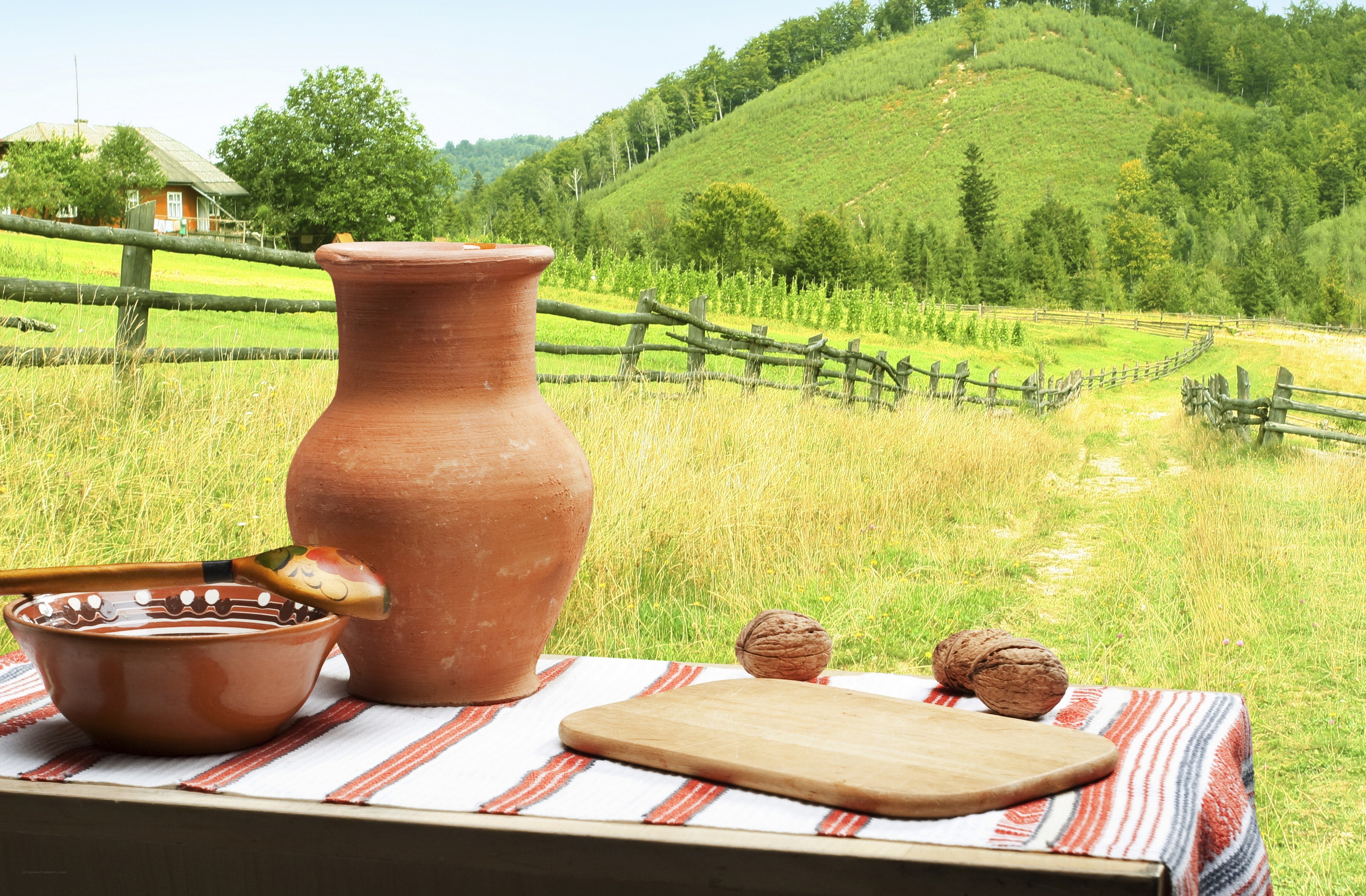 Rustic table in a green valley