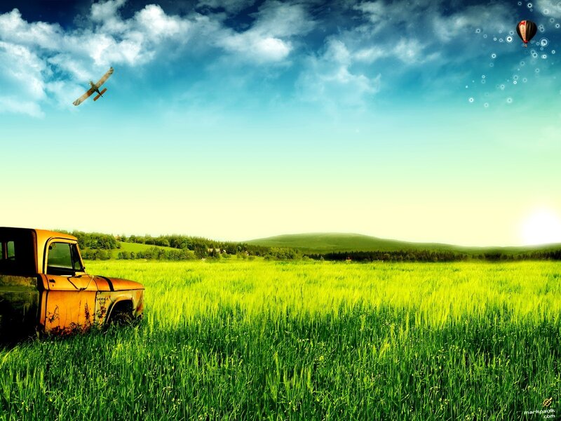 Rustic truck in green field