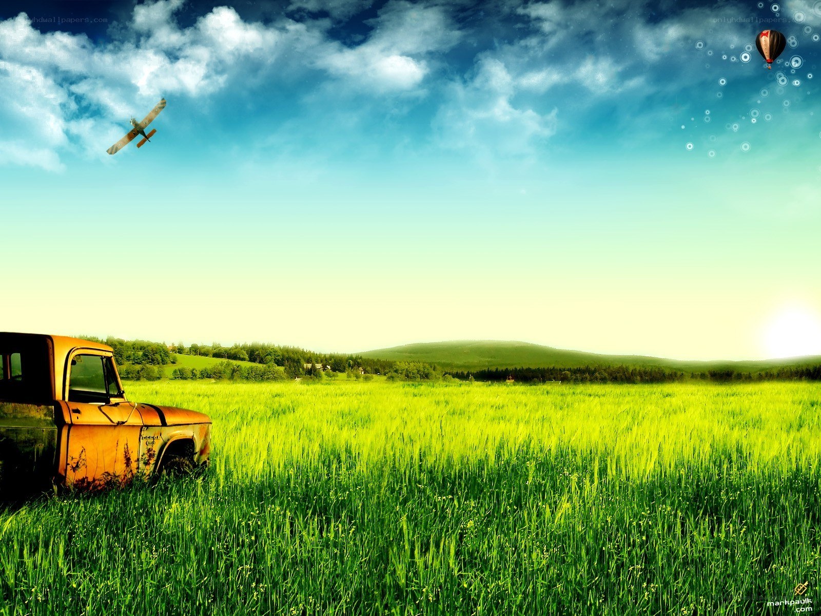 Rustic truck in green field