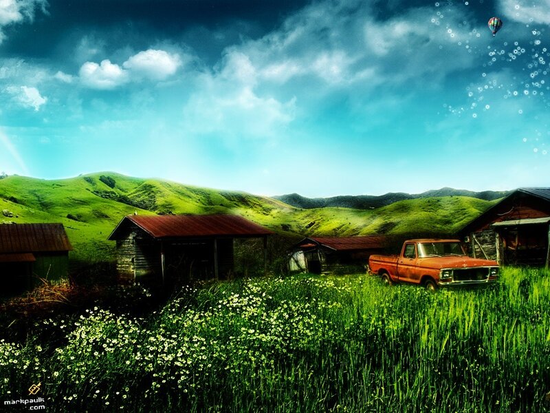 Rustic truck in green valley