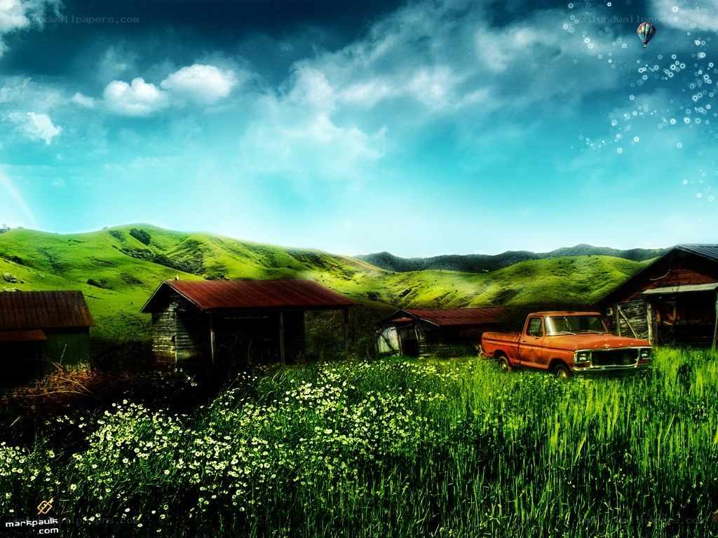 Rustic truck in green valley