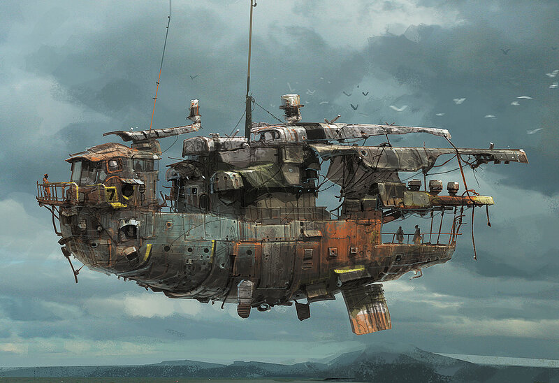 rusty airship in cloudy sky