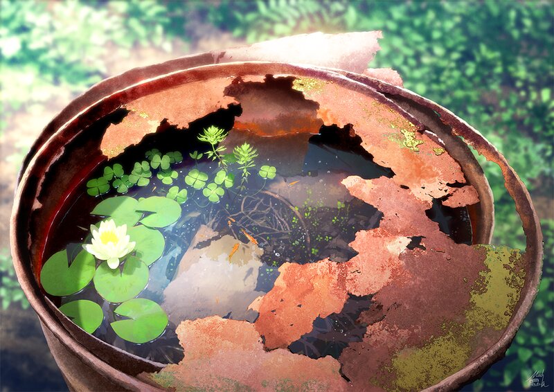 Rusty Barrel with Pond