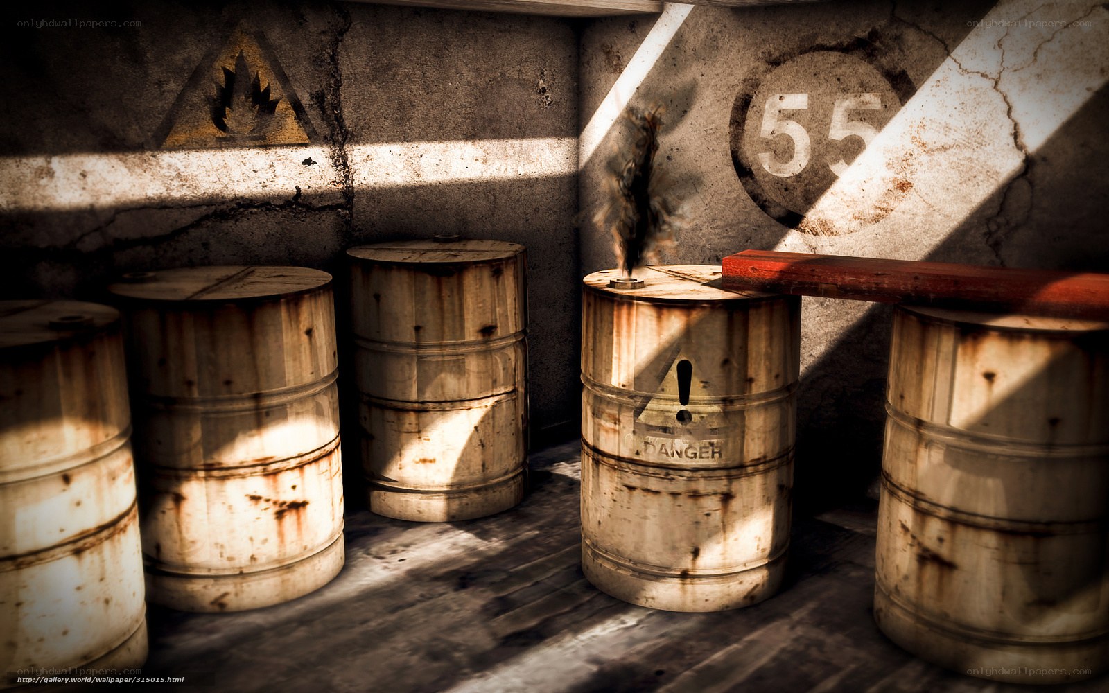 Rusty barrels in a dimly lit room