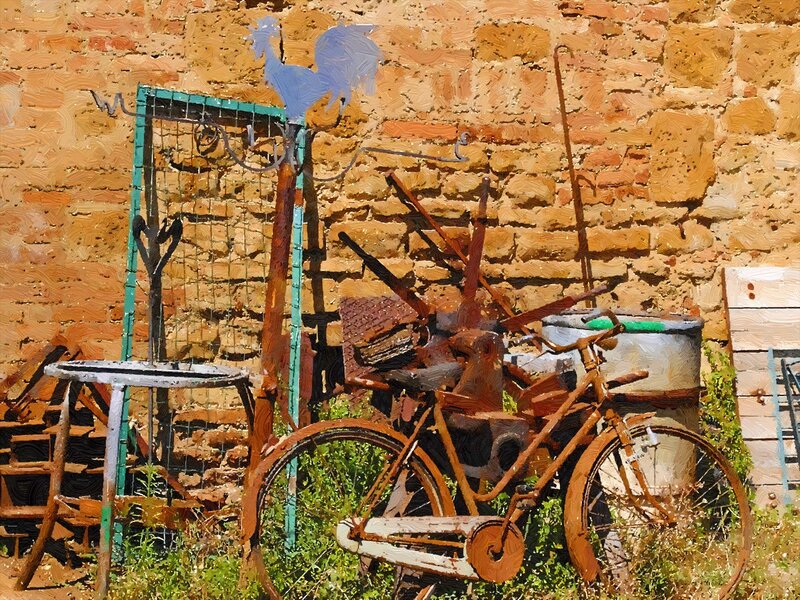 Rusty Bicycle Against Wall — Brown