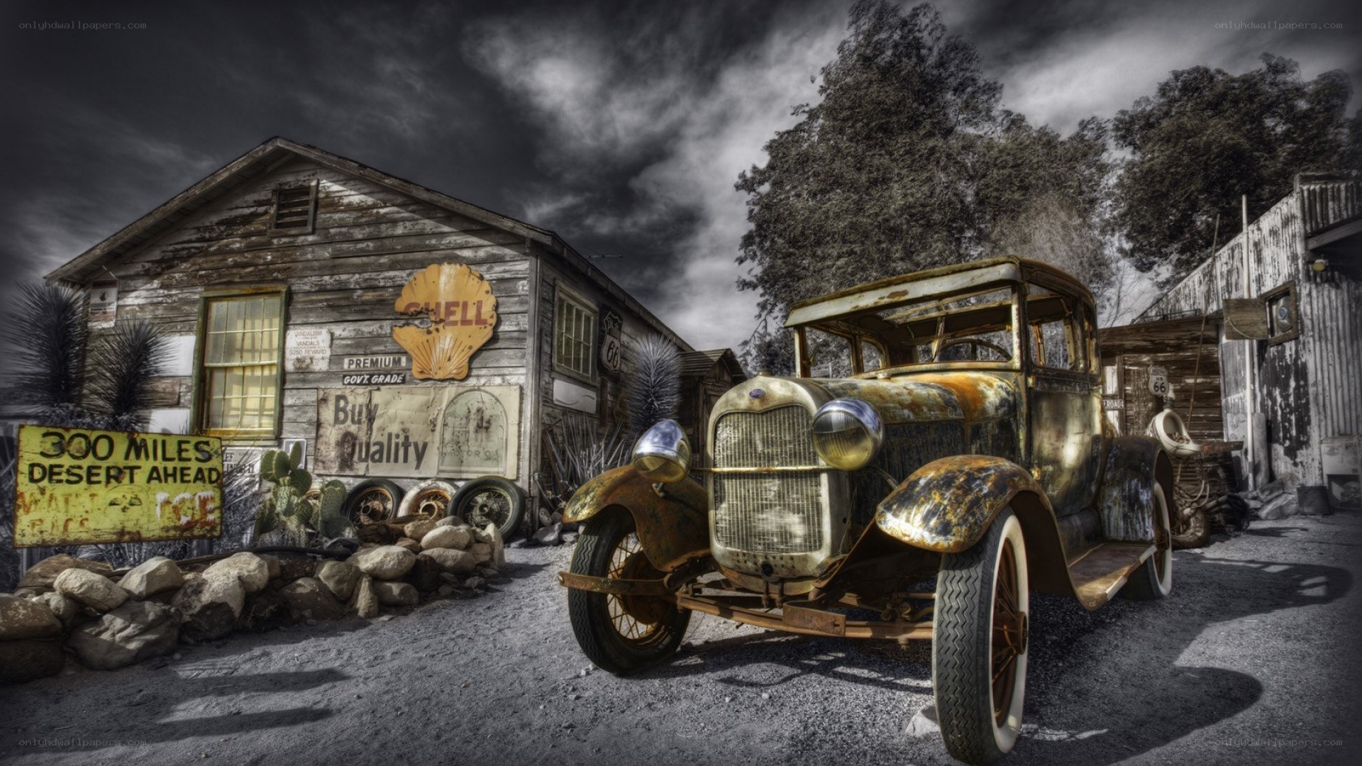 Rusty car at old gas station