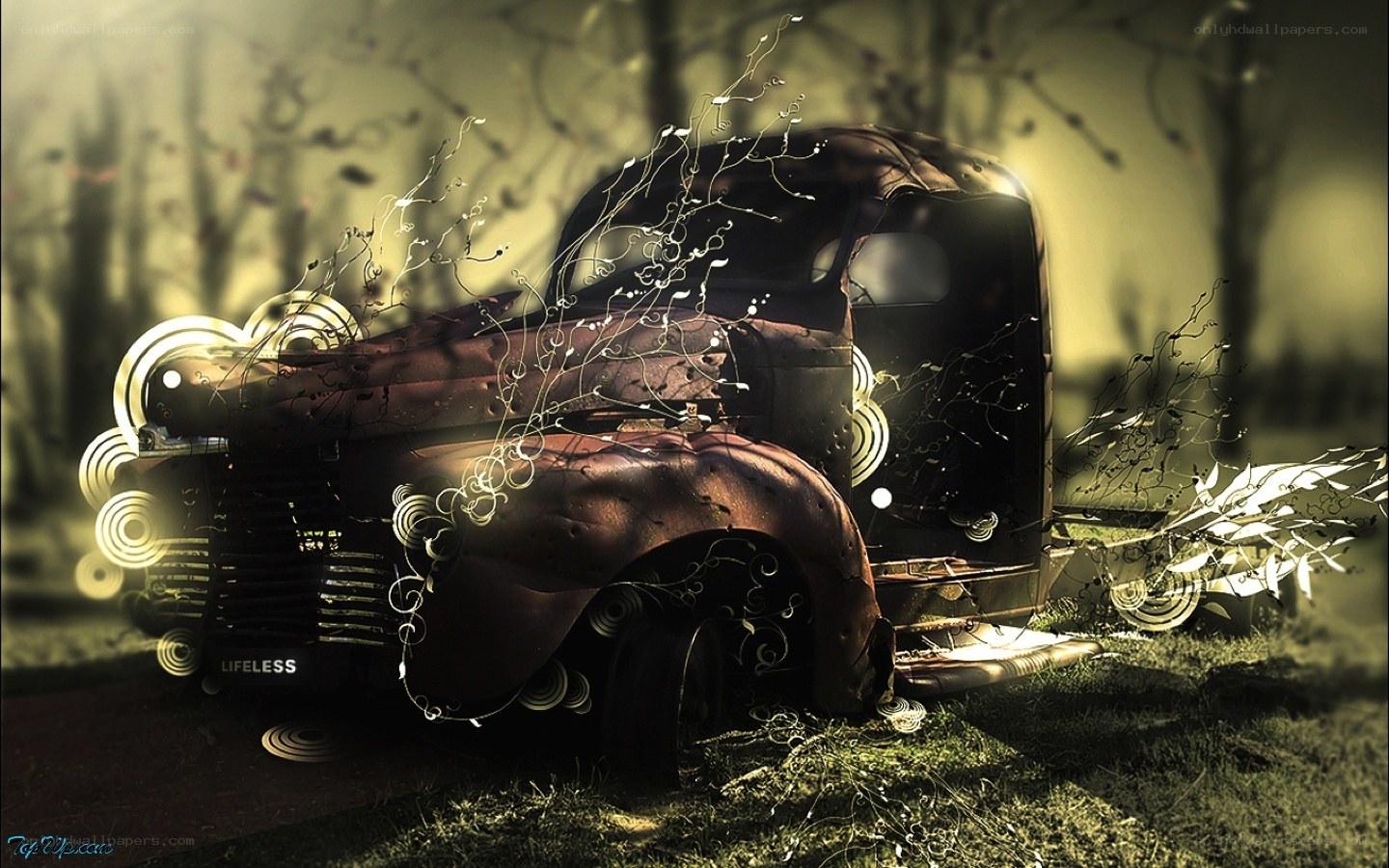 Rusty car in a dreamlike forest