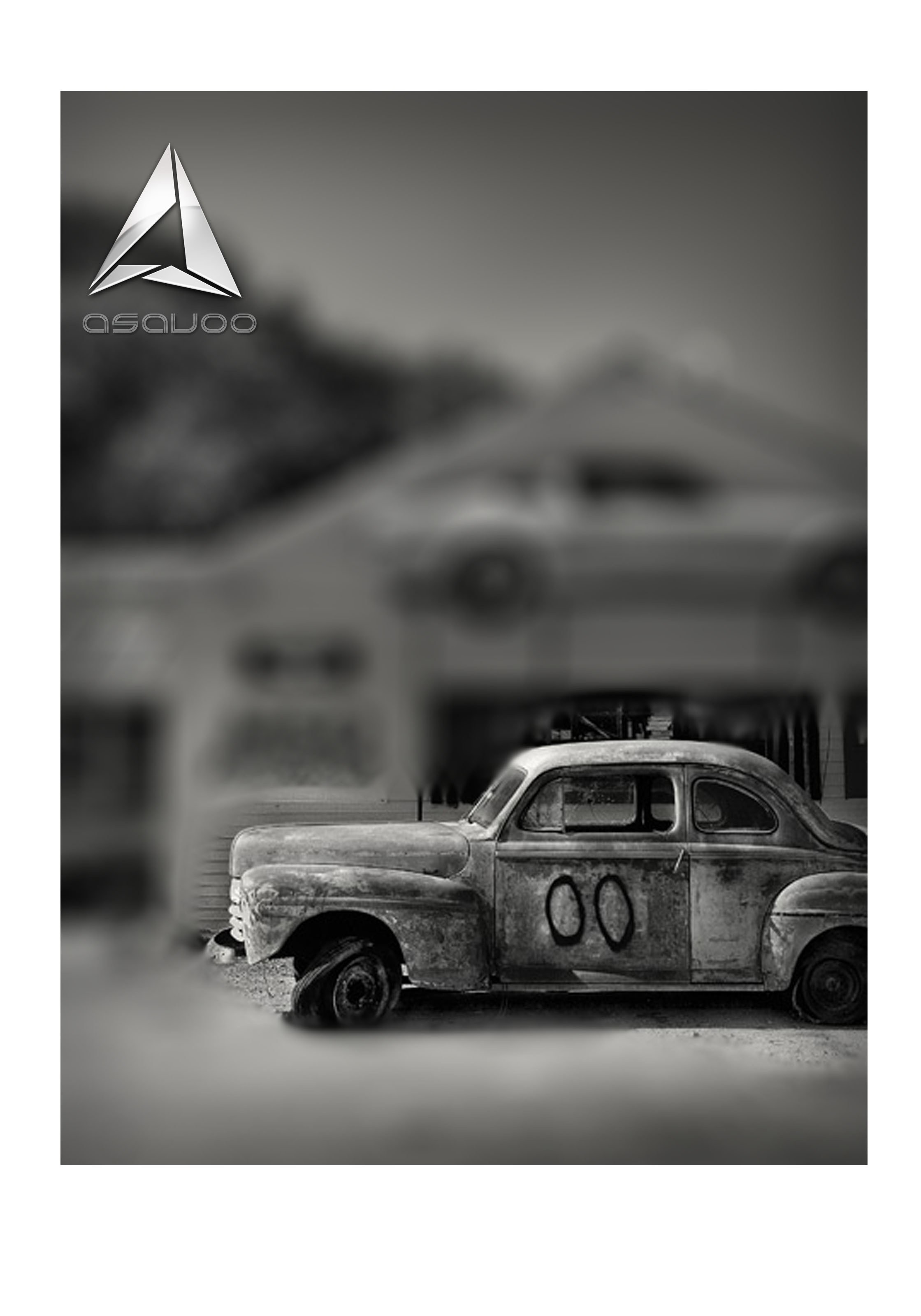 Rusty car in black and white