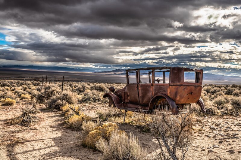Rusty Car in Desert — Brown, Dramatic, Afternoon, Photograph