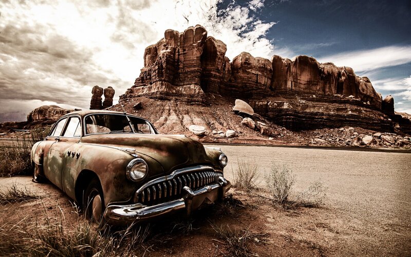 Rusty Car in Desert — Brown, Dramatic