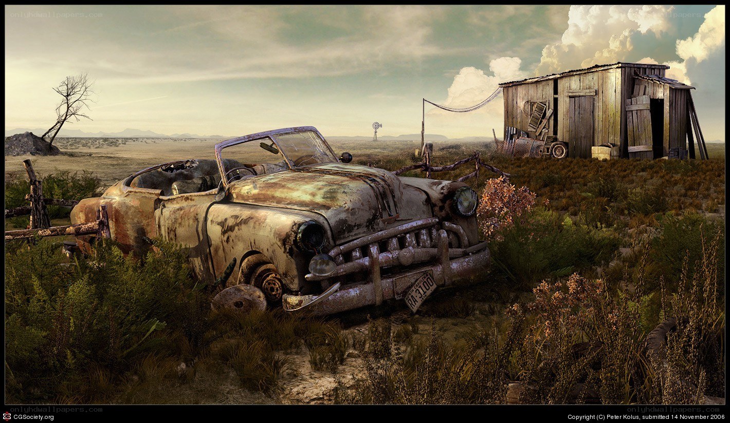 Rusty car in desert wasteland