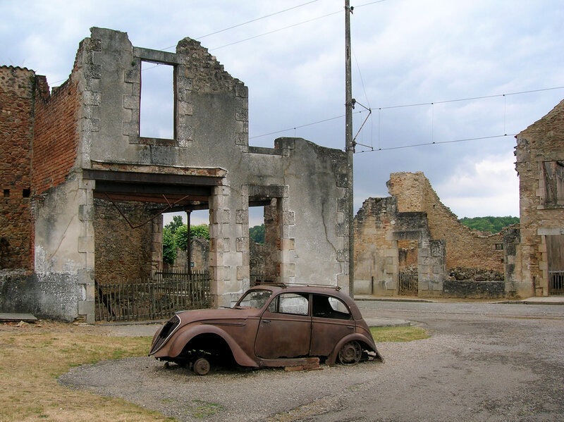 Rusty car in ruins