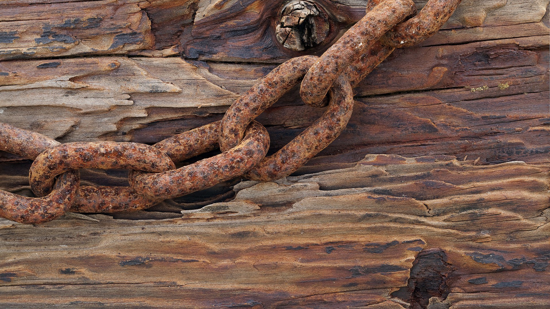 Rusty chain on weathered wood