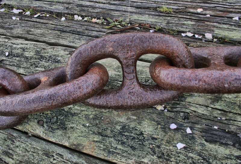 Rusty chain on wooden planks
