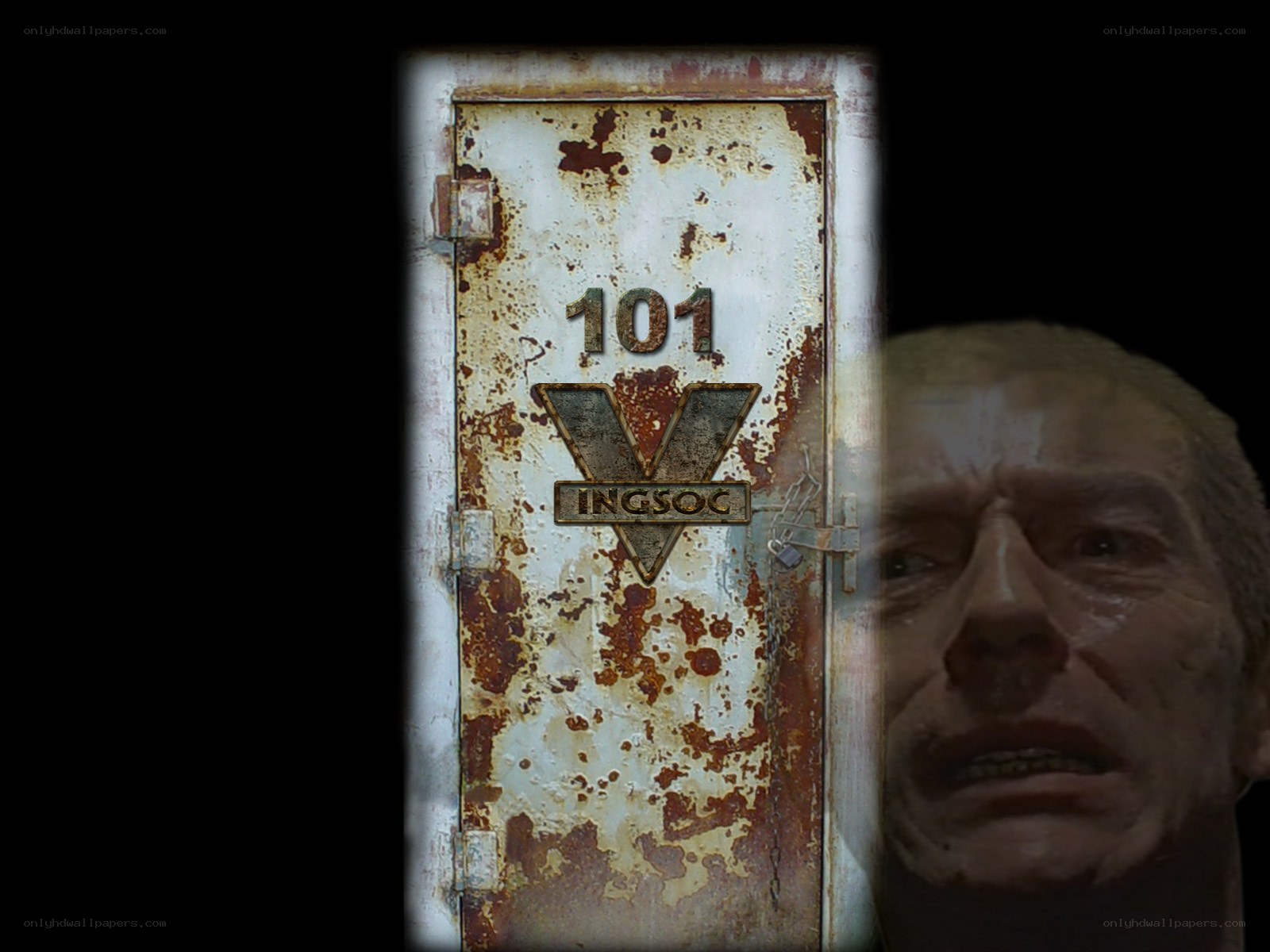Rusty door with V logo