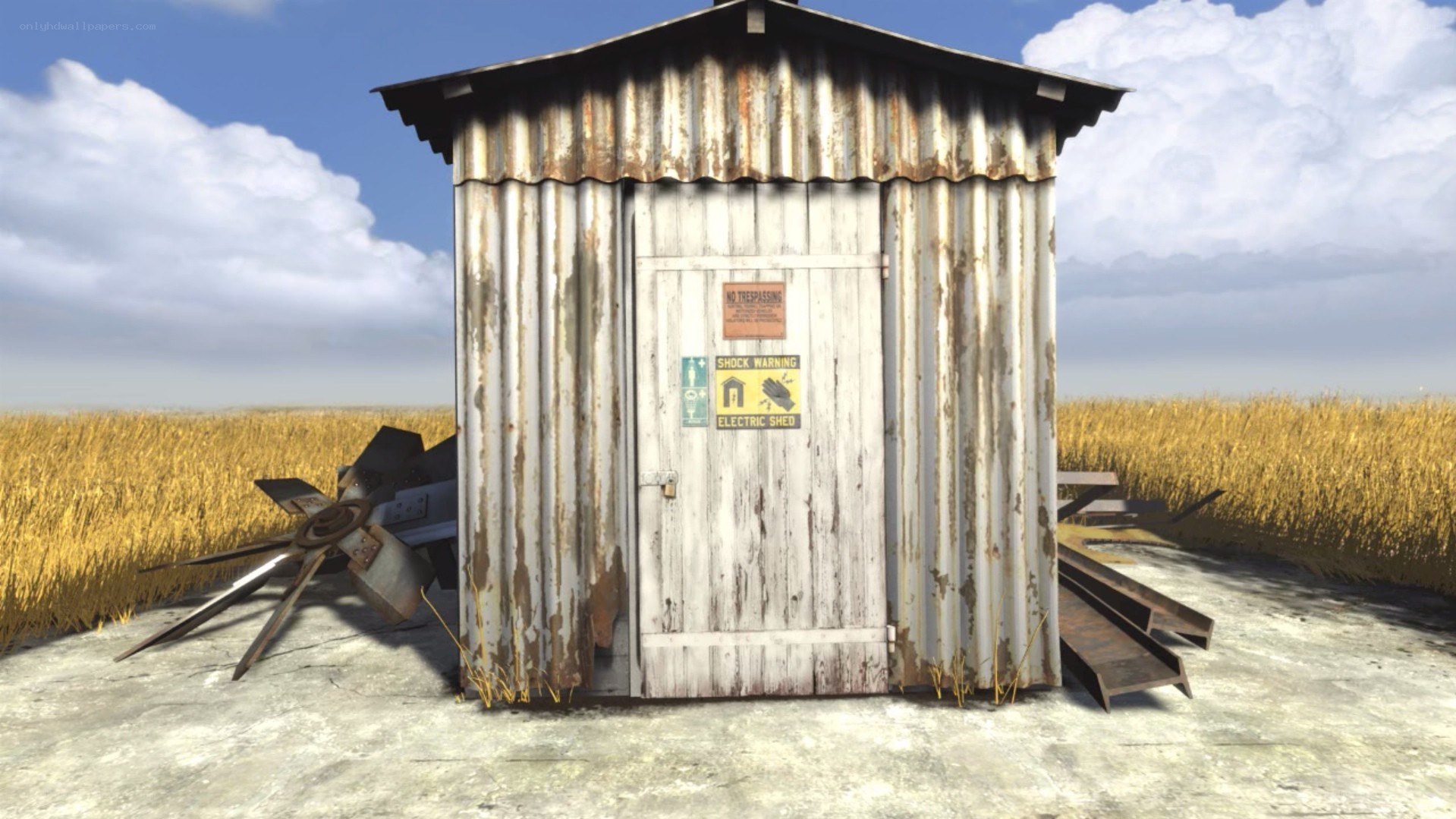 Rusty electric shed in field