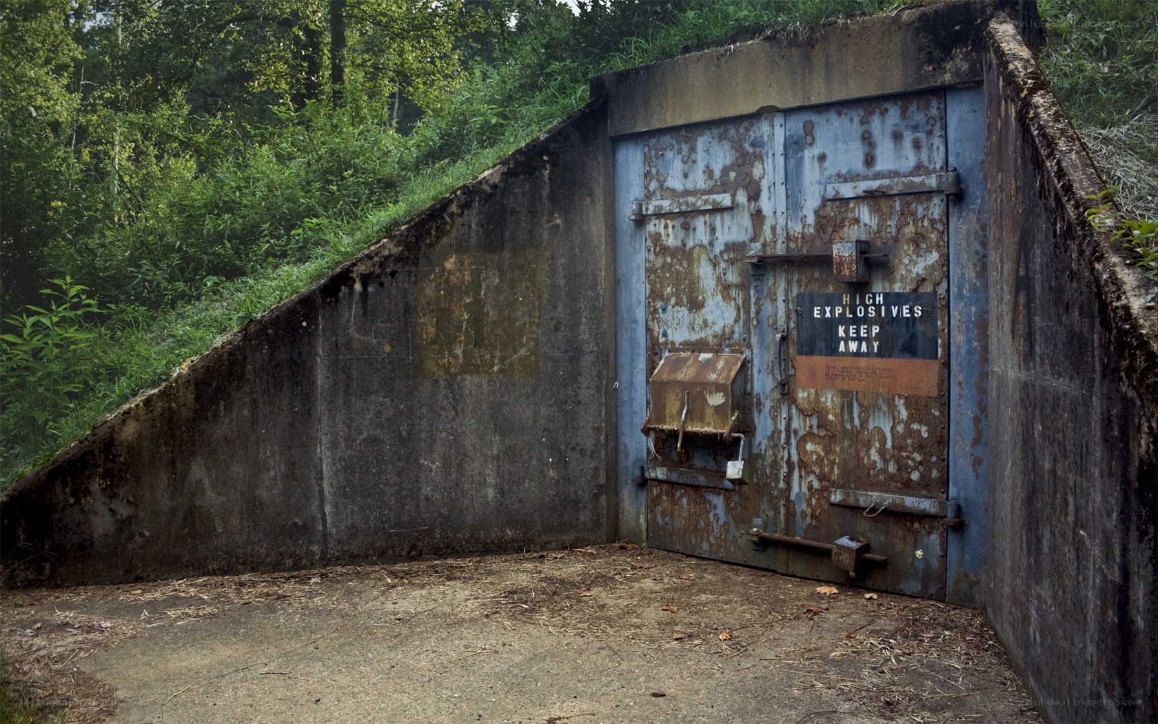 Rusty explosives storage bunker