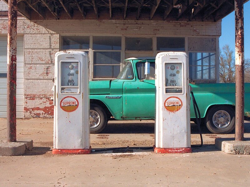 Rusty gas pumps at old station