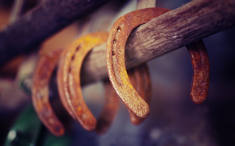 rusty horseshoes on a wooden beam