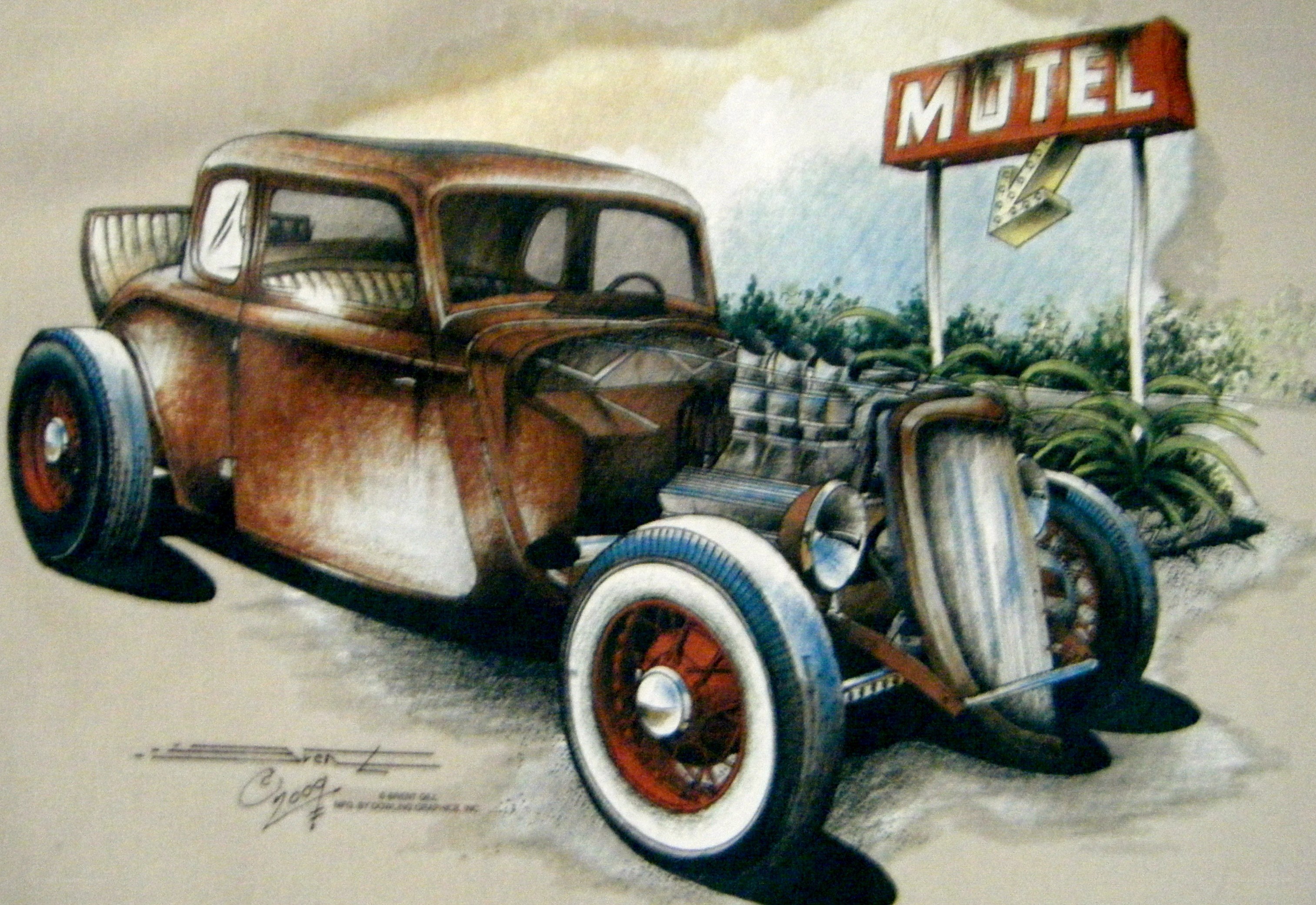 Rusty hot rod at a motel