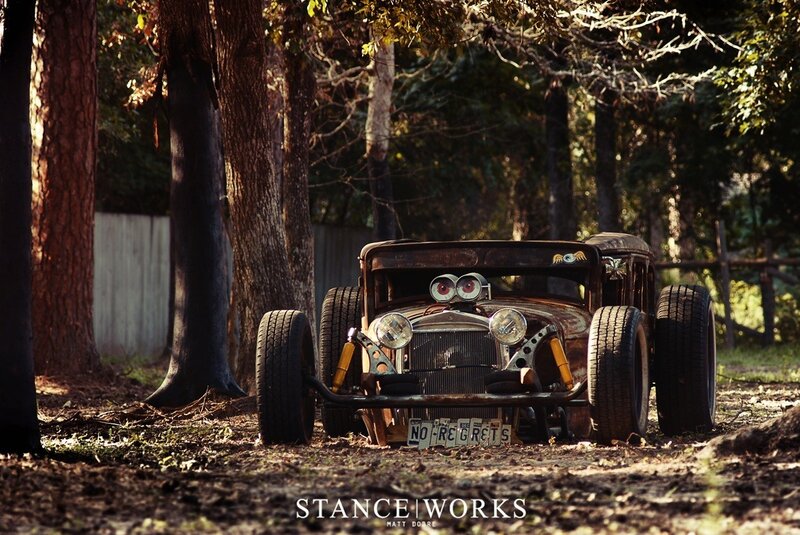 Rusty Hot Rod Car — Brown, Dramatic, Afternoon, Photograph, Trees