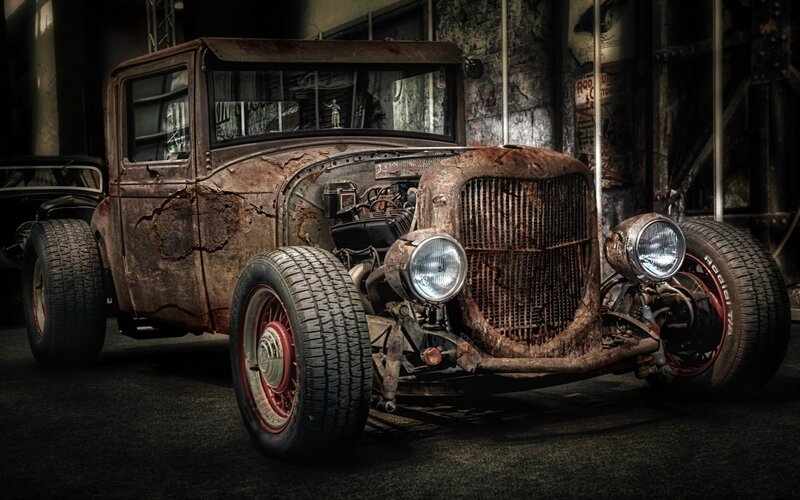 Rusty Hot Rod Car — Brown, Dramatic, Photograph, Garage